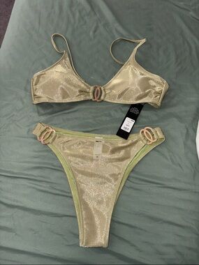 Fashion Nova Gold Shimmer Bikini Set with Pink Rings